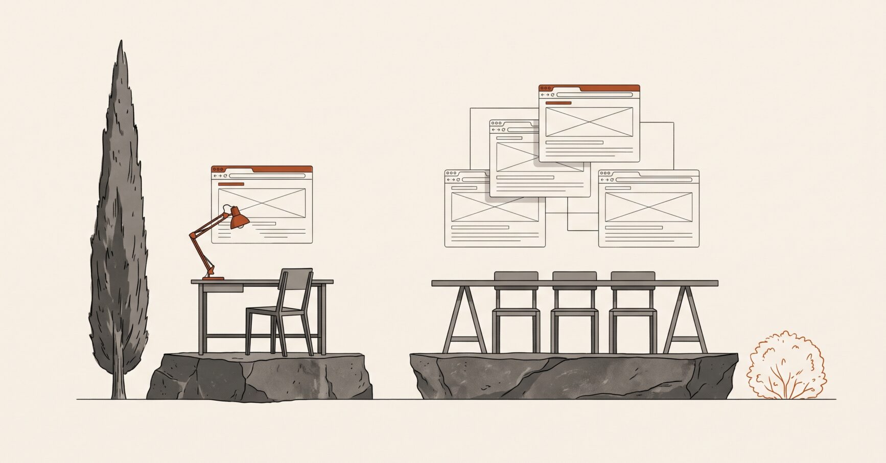 Un escritorio individual y una mesa de trabajo para varias personas, cada uno con sus webs en construcción