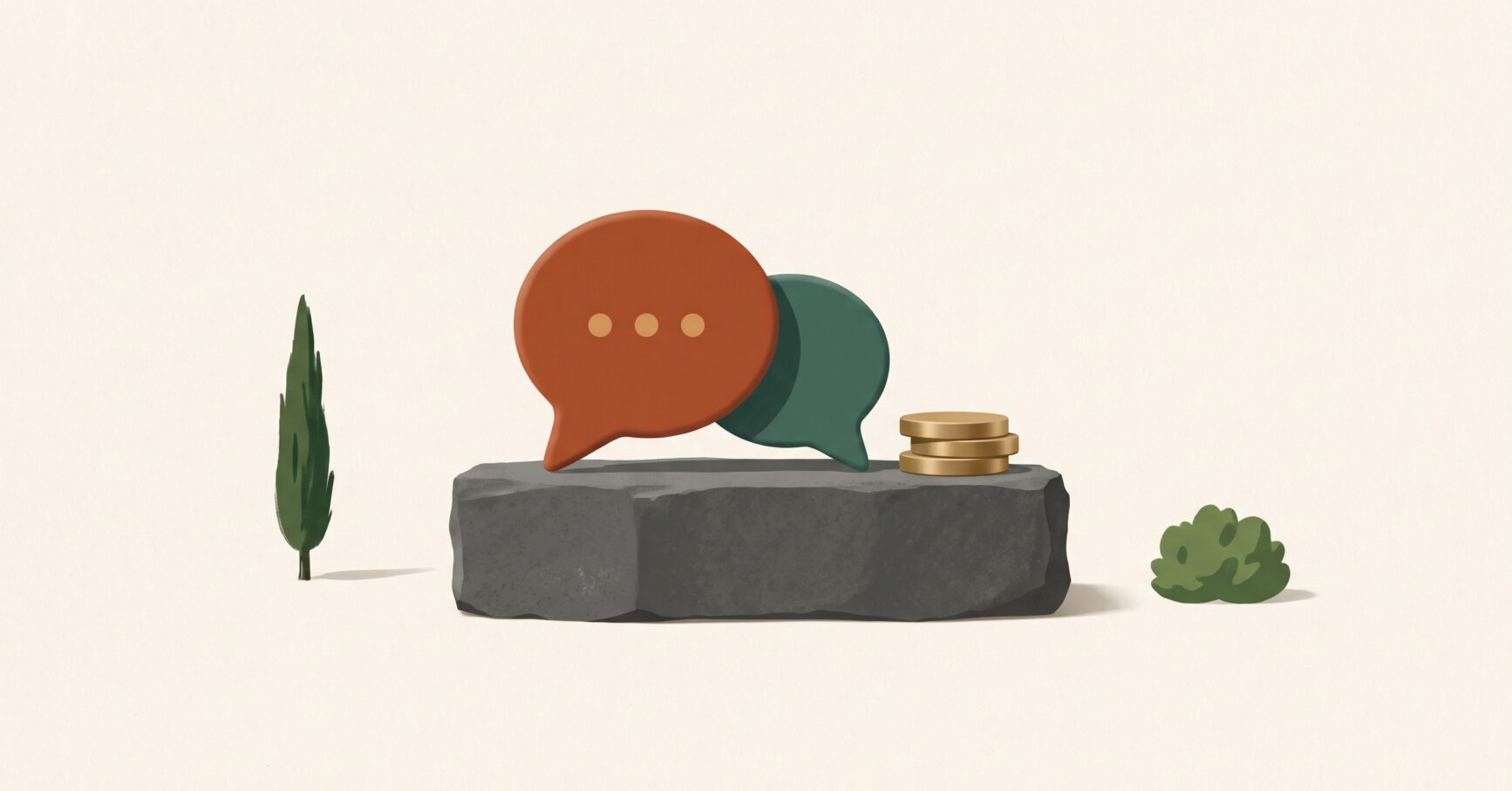 Dos bocadillos de conversación junto a una pila de monedas sobre una piedra de basalto