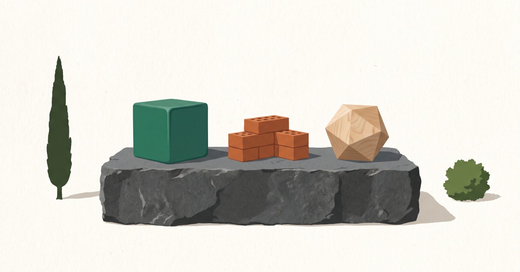 Un cubo cerrado, una torre de ladrillos encajables y una figura de madera tallada sobre una piedra de basalto