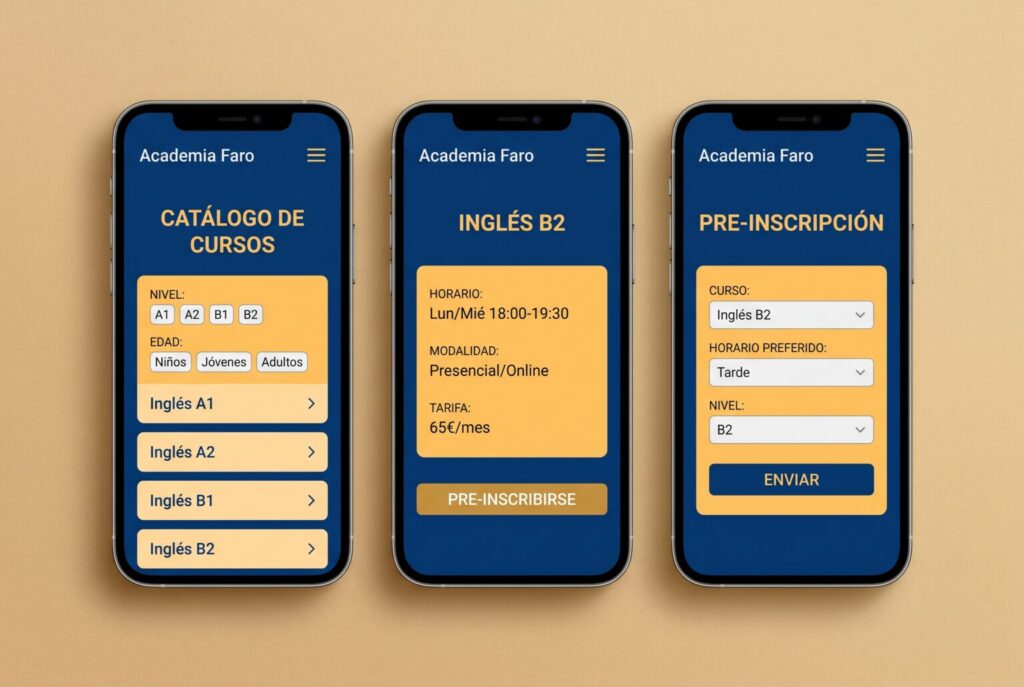 Ejemplo de páginas móviles de una web para academias