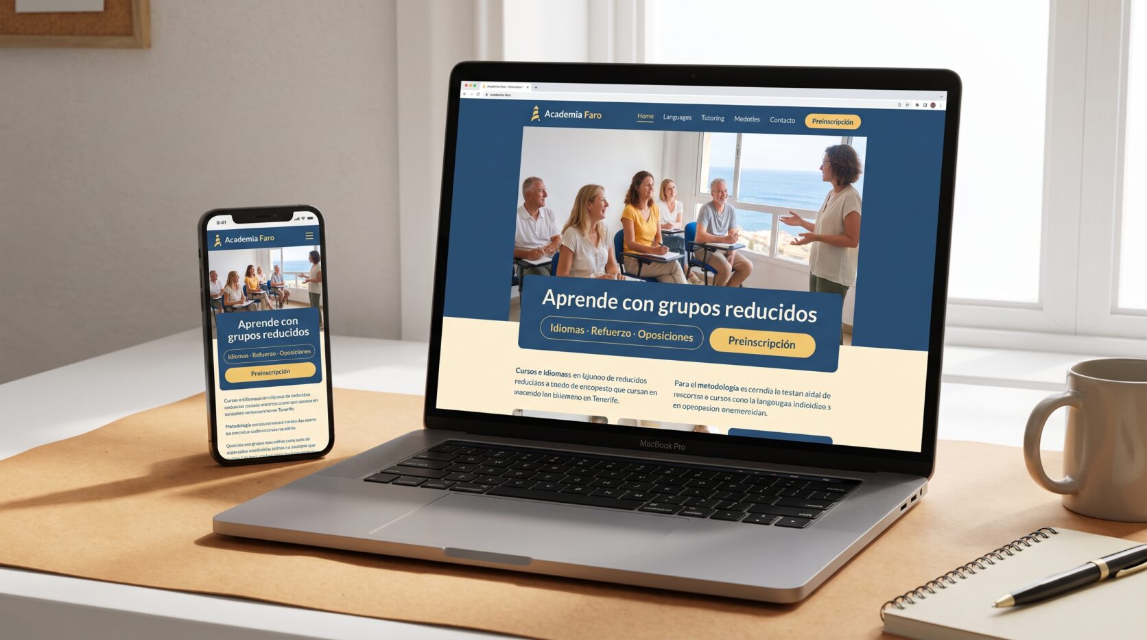 Ejemplo de diseño web para academias: portada en portátil y móvil