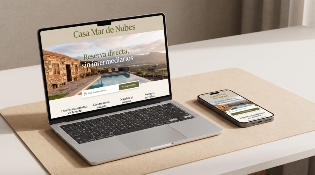 Ejemplo de diseño web para alojamientos turísticos: portada en portátil y móvil