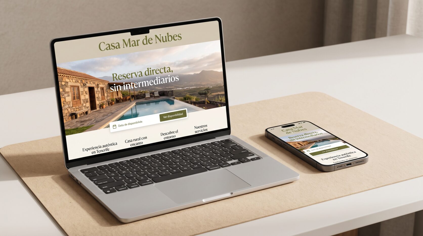 Ejemplo de diseño web para alojamientos turísticos: portada en portátil y móvil
