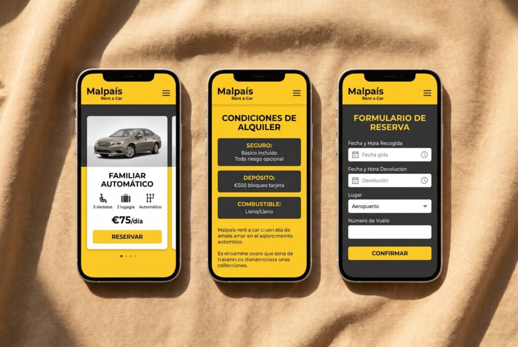 Ejemplo de páginas móviles de una web para alquiler de vehículos