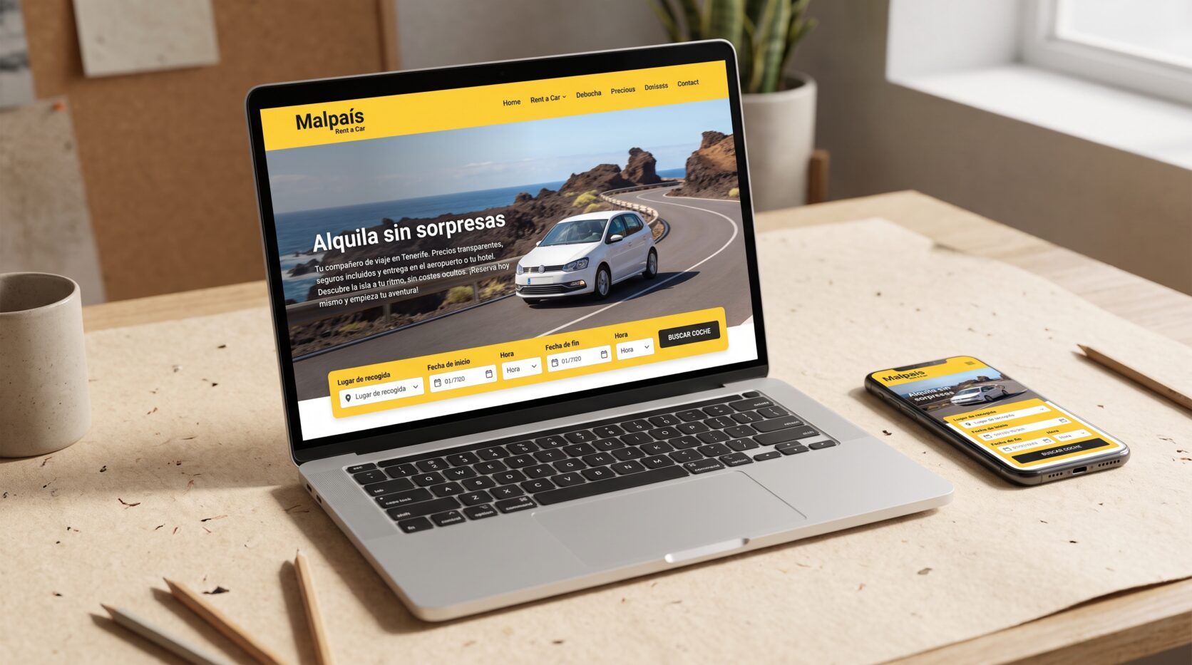 Ejemplo de diseño web para alquiler de vehículos: portada en portátil y móvil