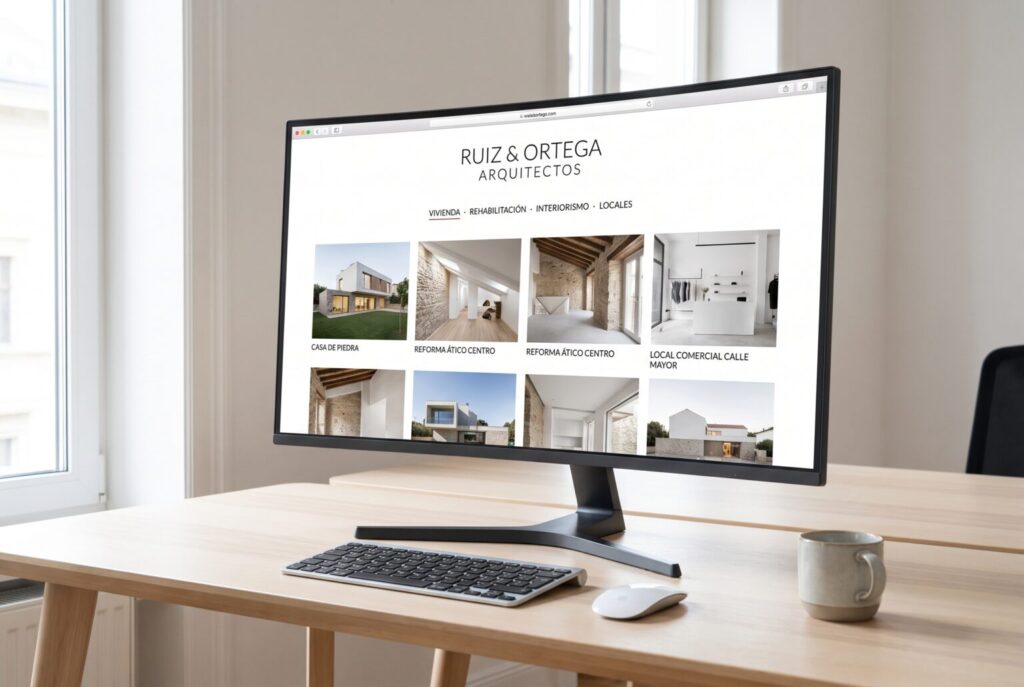 Ejemplo de página interior de una web para arquitectos e interioristas en un monitor