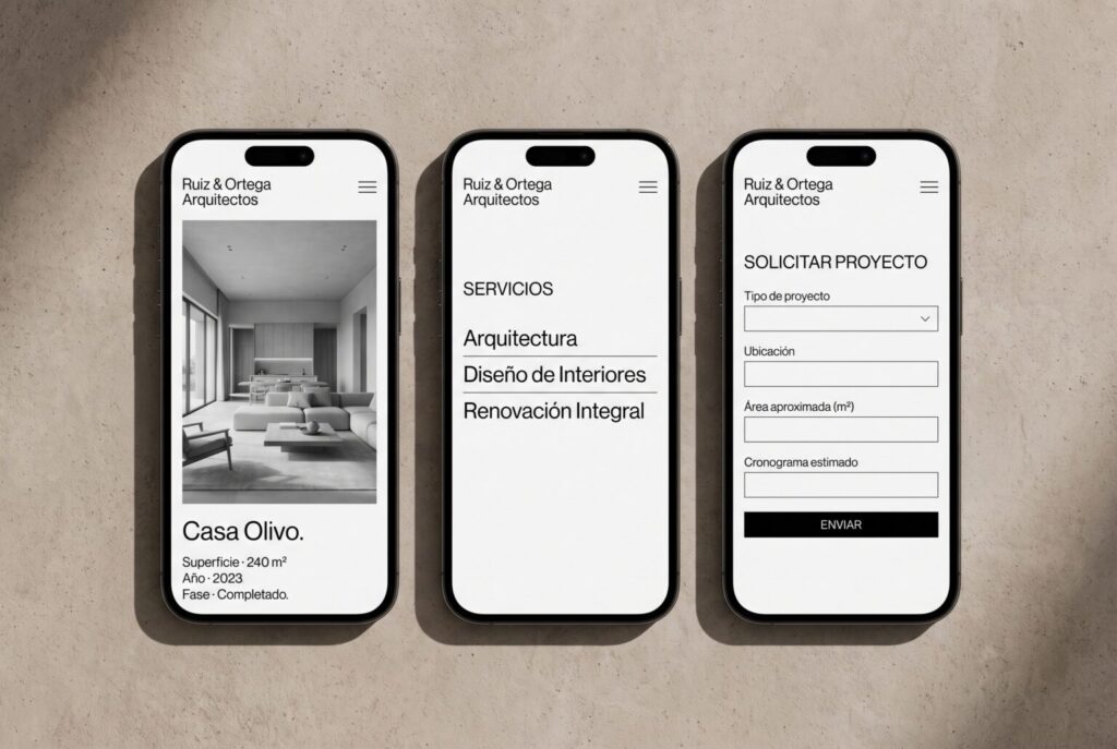 Ejemplo de páginas móviles de una web para arquitectos e interioristas