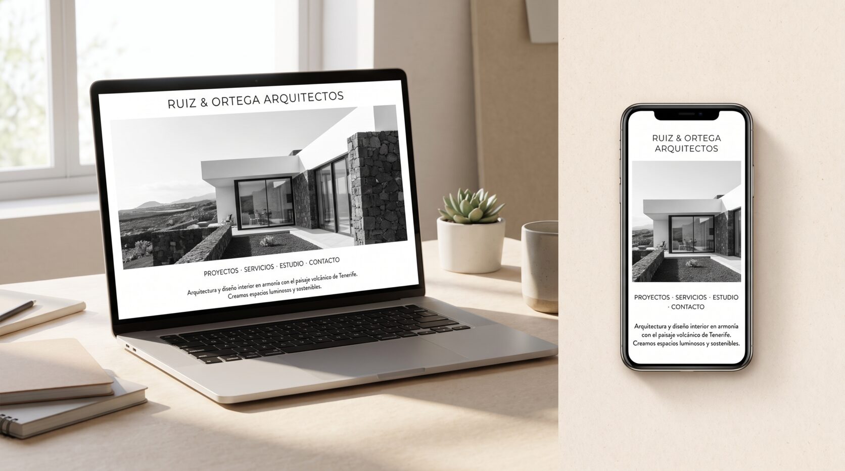 Ejemplo de diseño web para arquitectos e interioristas: portada en portátil y móvil