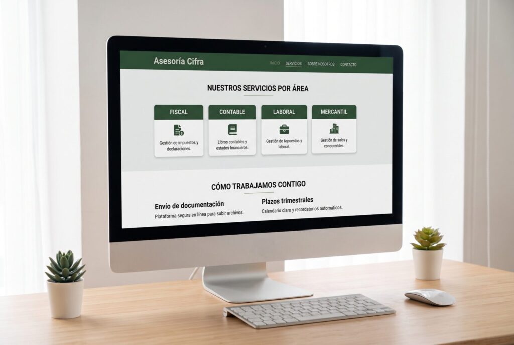 Ejemplo de página interior de una web para asesorías y gestorías en un monitor