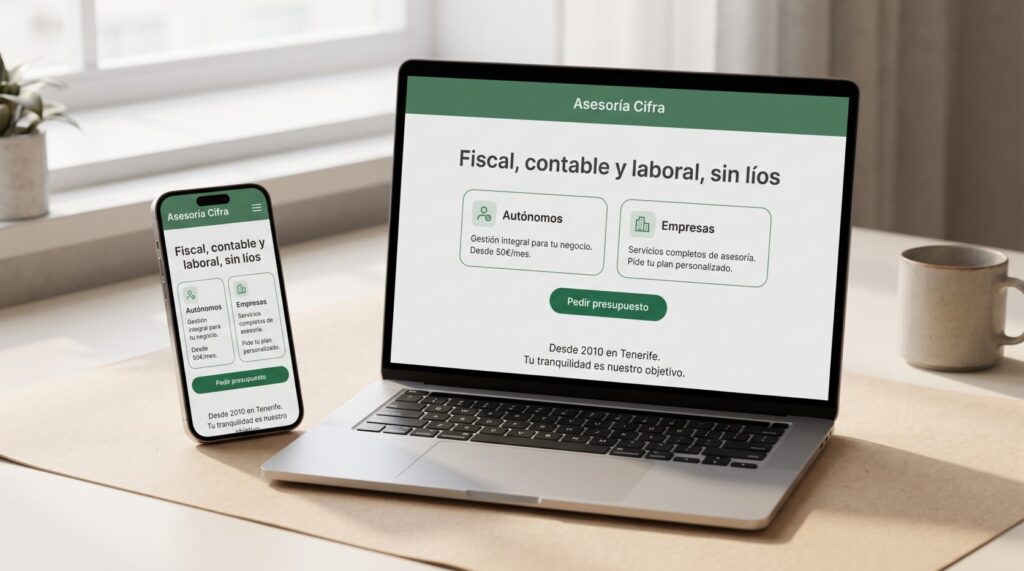 Ejemplo de diseño web para asesorías y gestorías: portada en portátil y móvil