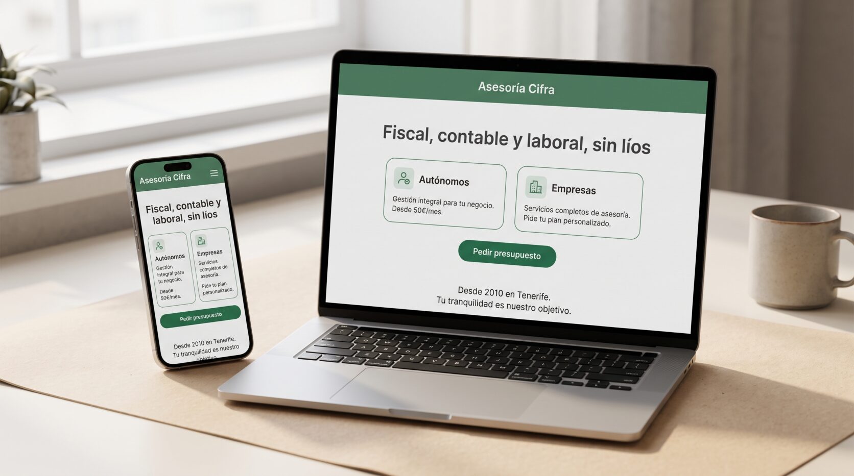 Ejemplo de diseño web para asesorías y gestorías: portada en portátil y móvil