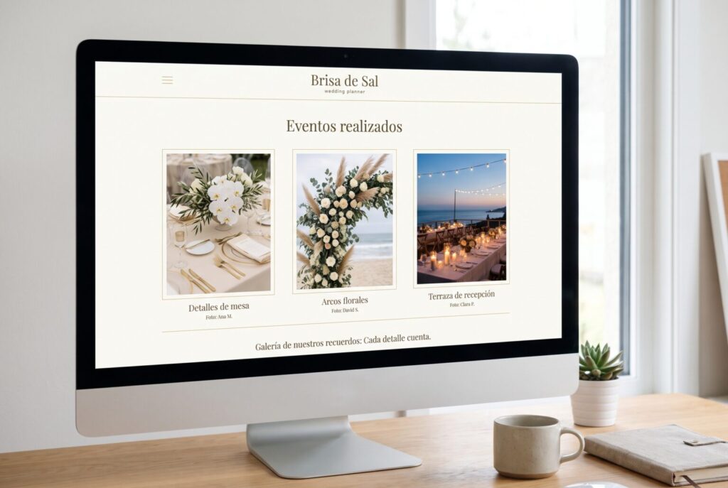 Ejemplo de página interior de una web para bodas y eventos en un monitor