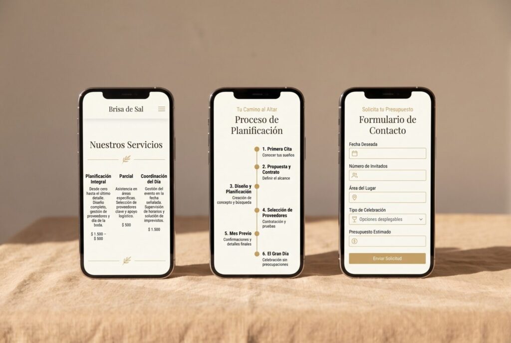 Ejemplo de páginas móviles de una web para bodas y eventos