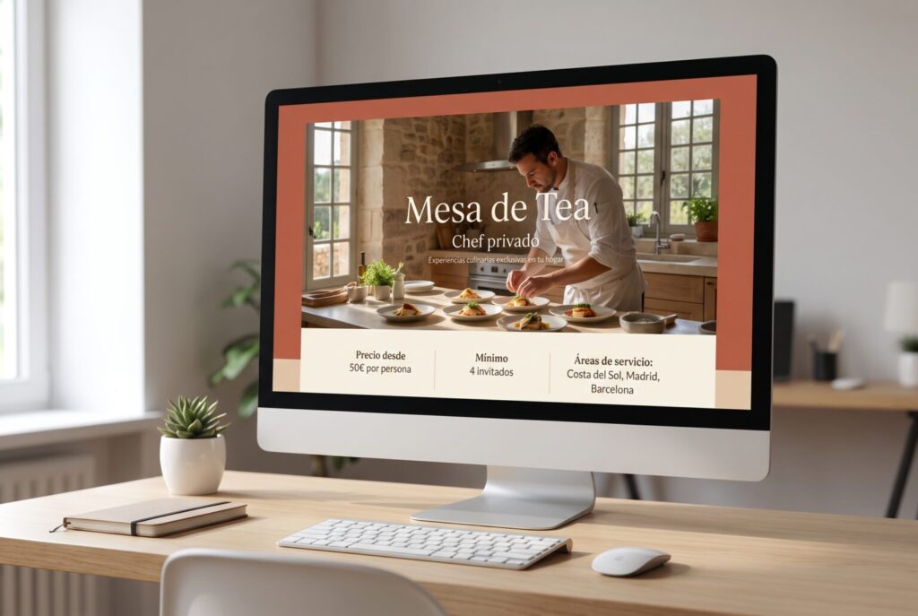 Ejemplo de página interior de una web para catering y chefs privados en un monitor