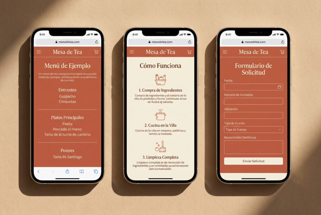 Ejemplo de páginas móviles de una web para catering y chefs privados