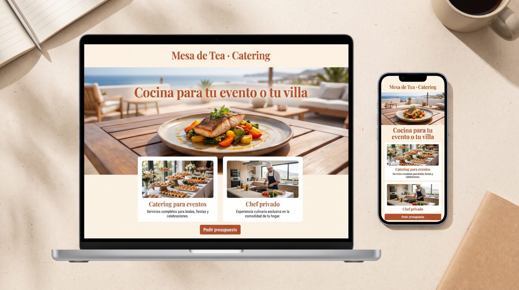 Ejemplo de diseño web para catering y chefs privados: portada en portátil y móvil