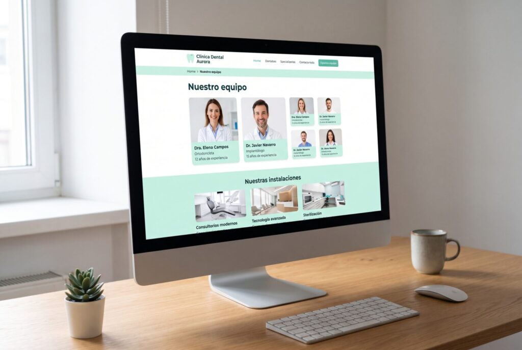 Ejemplo de página interior de una web para clínicas dentales en un monitor