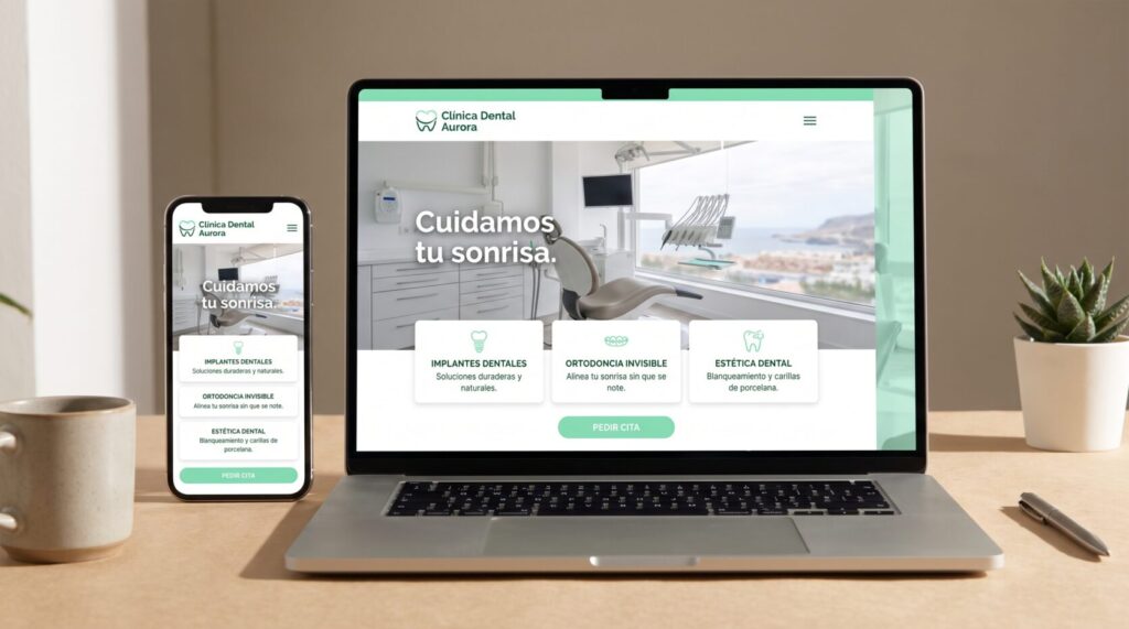 Ejemplo de diseño web para clínicas dentales: portada en portátil y móvil