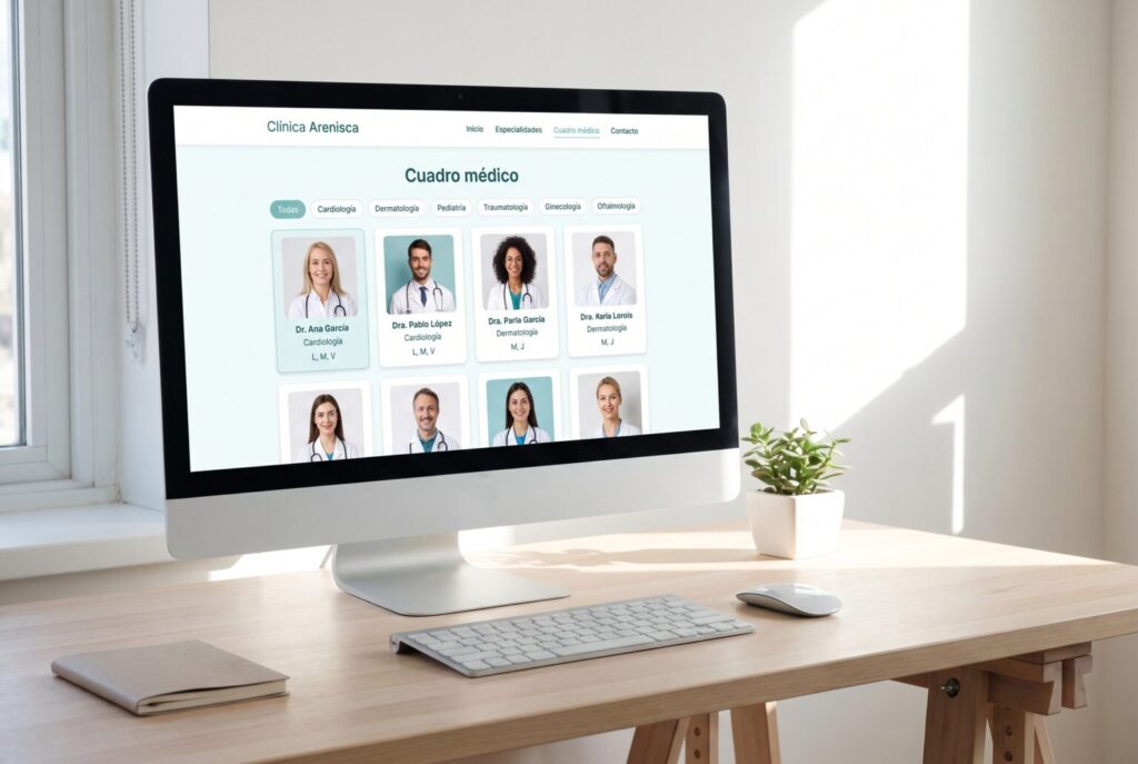Ejemplo de página interior de una web para clínicas y centros médicos en un monitor