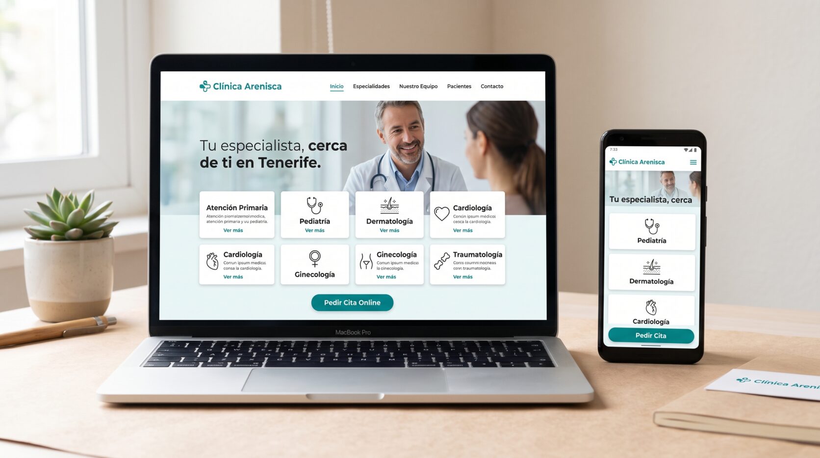 Ejemplo de diseño web para clínicas y centros médicos: portada en portátil y móvil
