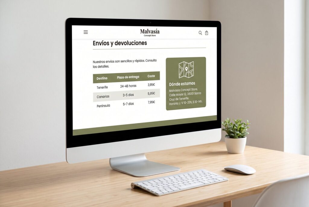 Ejemplo de página interior de una web para comercios y tiendas online en un monitor