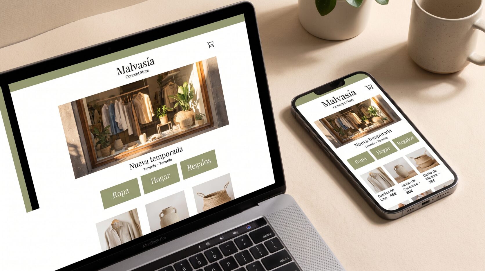 Ejemplo de diseño web para comercios y tiendas online: portada en portátil y móvil