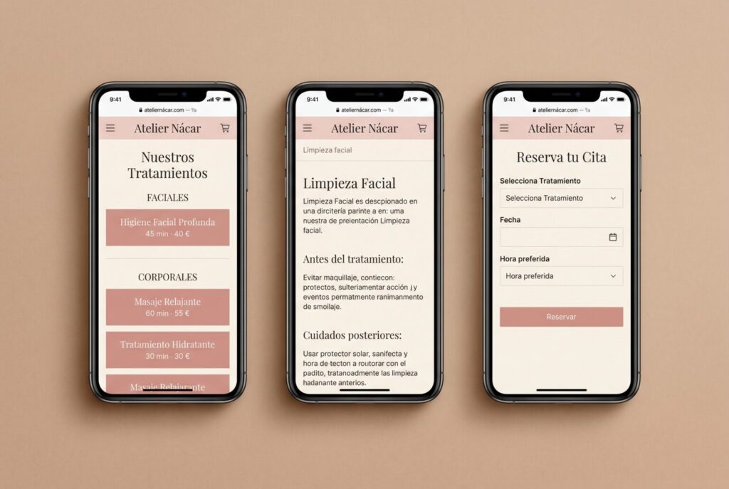 Ejemplo de páginas móviles de una web para centros de estética
