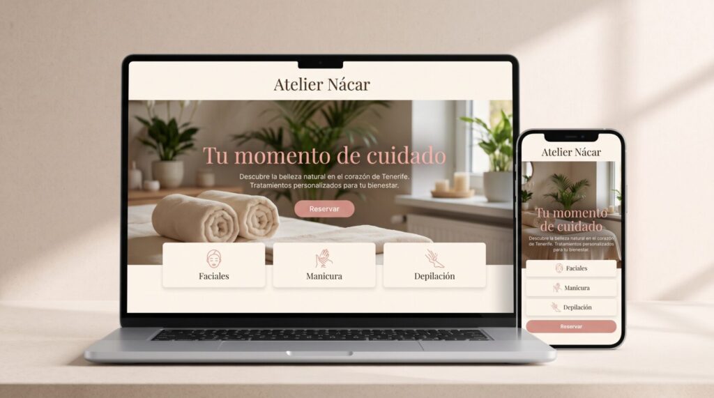 Ejemplo de diseño web para centros de estética: portada en portátil y móvil