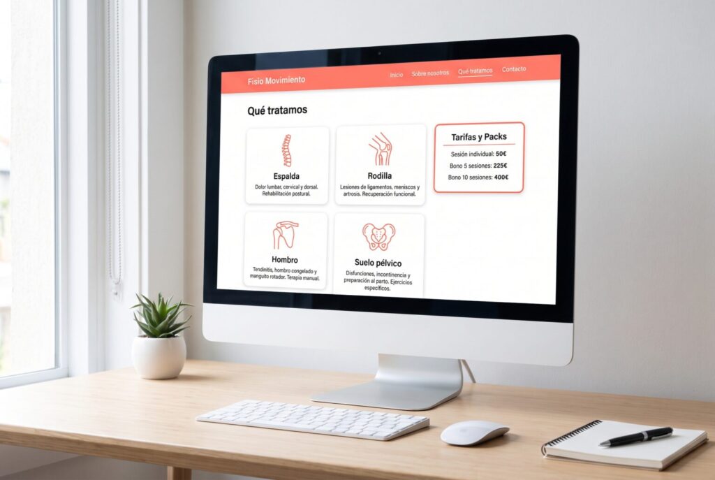 Ejemplo de página interior de una web para fisioterapeutas en un monitor