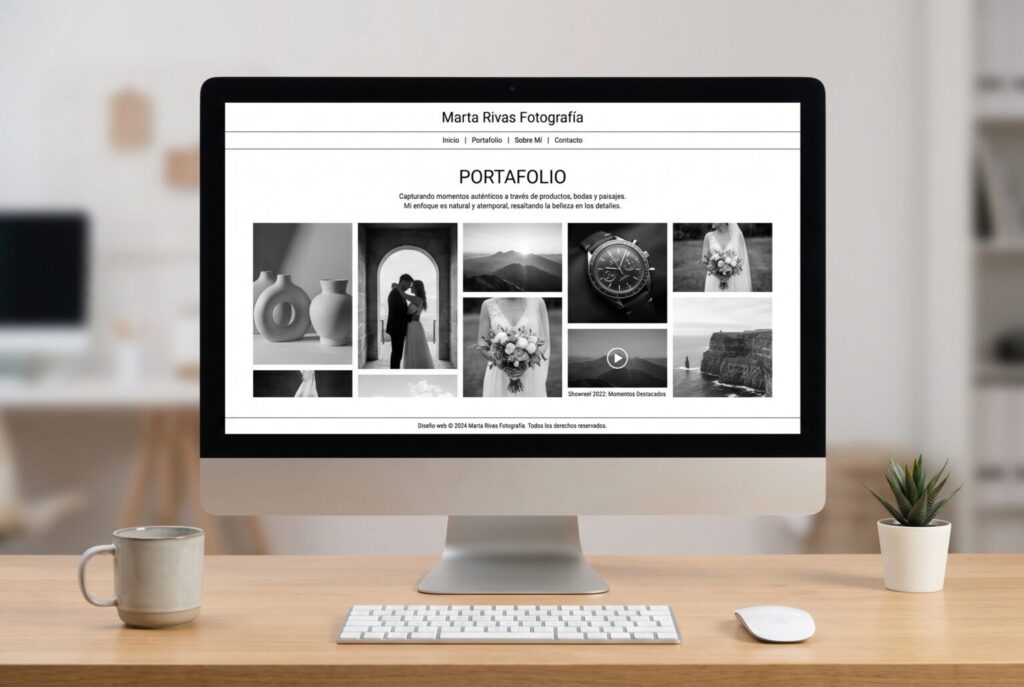 Ejemplo de página interior de una web para fotógrafos y videógrafos en un monitor