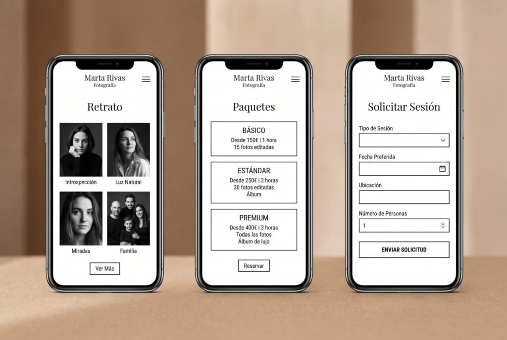 Ejemplo de páginas móviles de una web para fotógrafos y videógrafos
