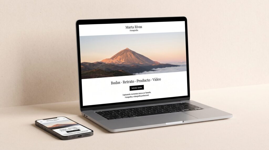 Ejemplo de diseño web para fotógrafos y videógrafos: portada en portátil y móvil