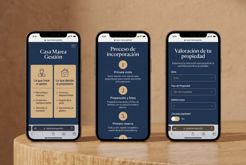 Ejemplo de páginas móviles de una web para gestores de viviendas vacacionales
