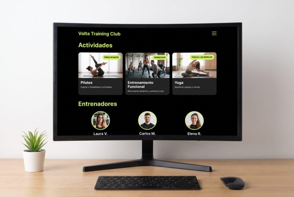 Ejemplo de página interior de una web para gimnasios y entrenadores personales en un monitor
