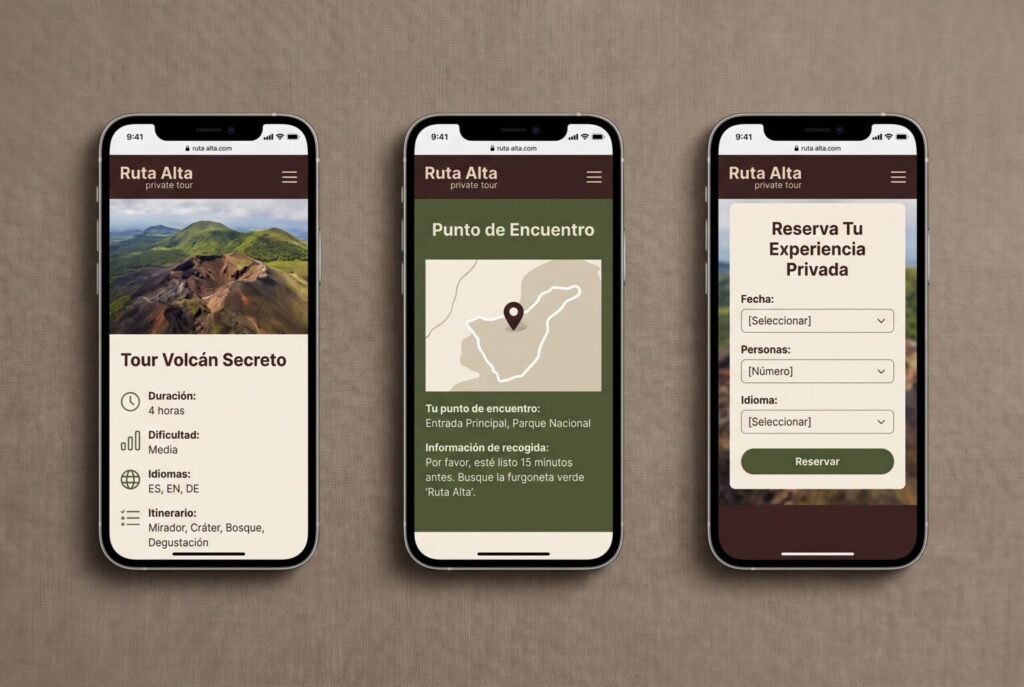 Ejemplo de páginas móviles de una web para guías de turismo y tours privados