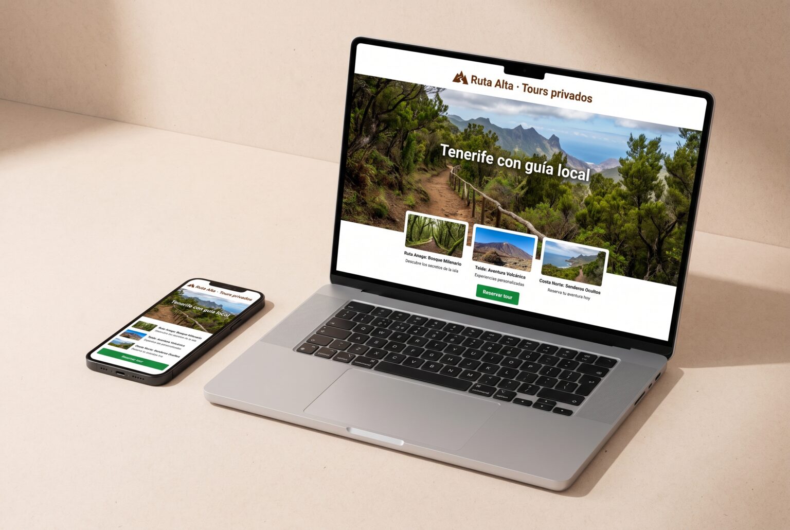 Ejemplo de diseño web para guías de turismo y tours privados: portada en portátil y móvil