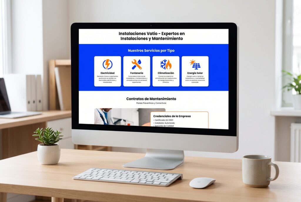Ejemplo de página interior de una web para empresas de instalaciones en un monitor