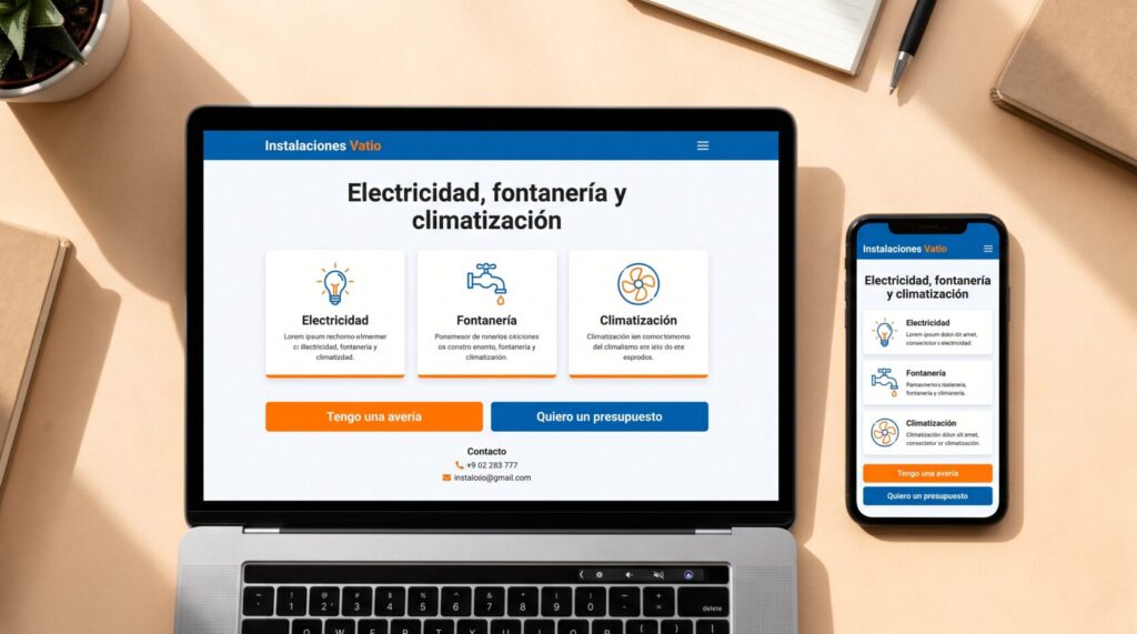 Ejemplo de diseño web para empresas de instalaciones: portada en portátil y móvil