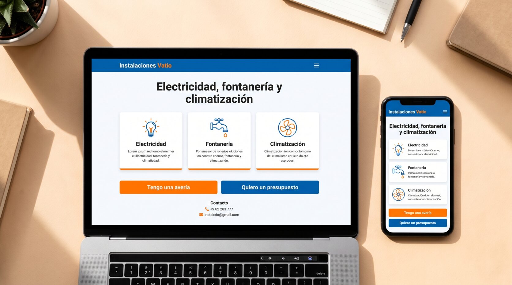 Ejemplo de diseño web para empresas de instalaciones: portada en portátil y móvil