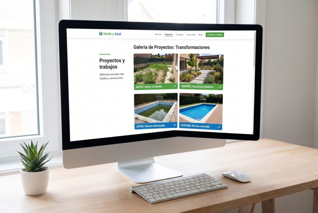 Ejemplo de página interior de una web para jardinería y piscinas en un monitor