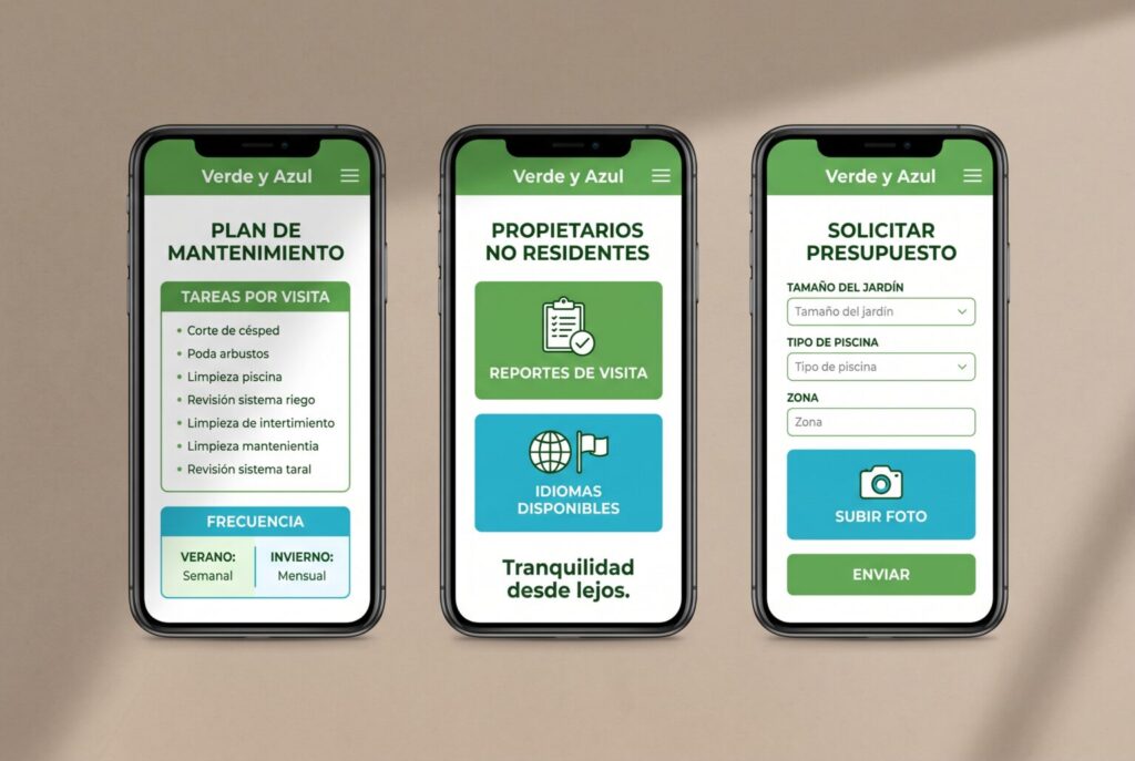 Ejemplo de páginas móviles de una web para jardinería y piscinas