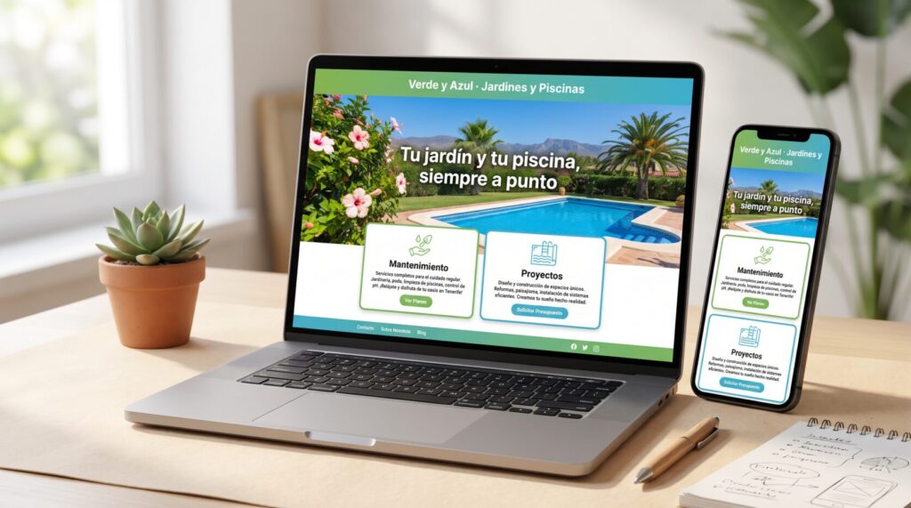Ejemplo de diseño web para jardinería y piscinas: portada en portátil y móvil