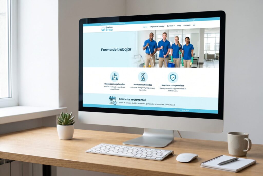Ejemplo de página interior de una web para empresas de limpieza en un monitor