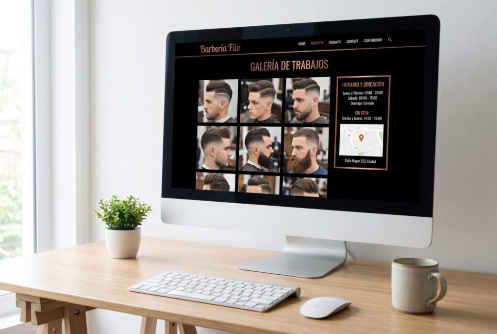 Ejemplo de página interior de una web para peluquerías y barberías en un monitor