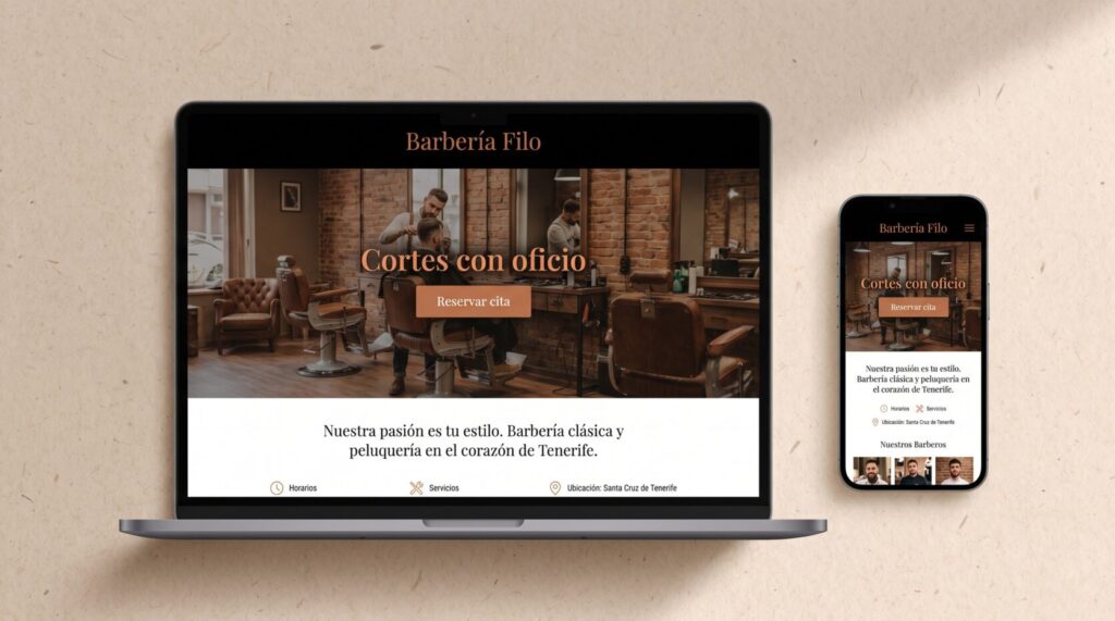 Ejemplo de diseño web para peluquerías y barberías: portada en portátil y móvil