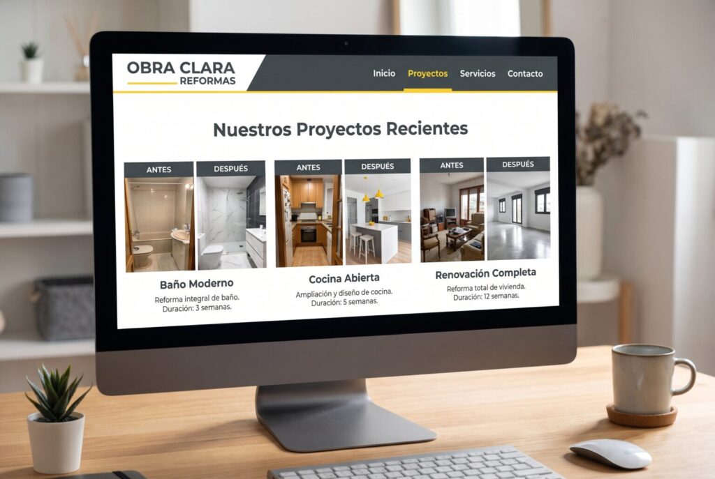 Ejemplo de página interior de una web para empresas de reformas y construcción en un monitor