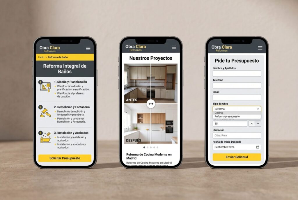 Ejemplo de páginas móviles de una web para empresas de reformas y construcción