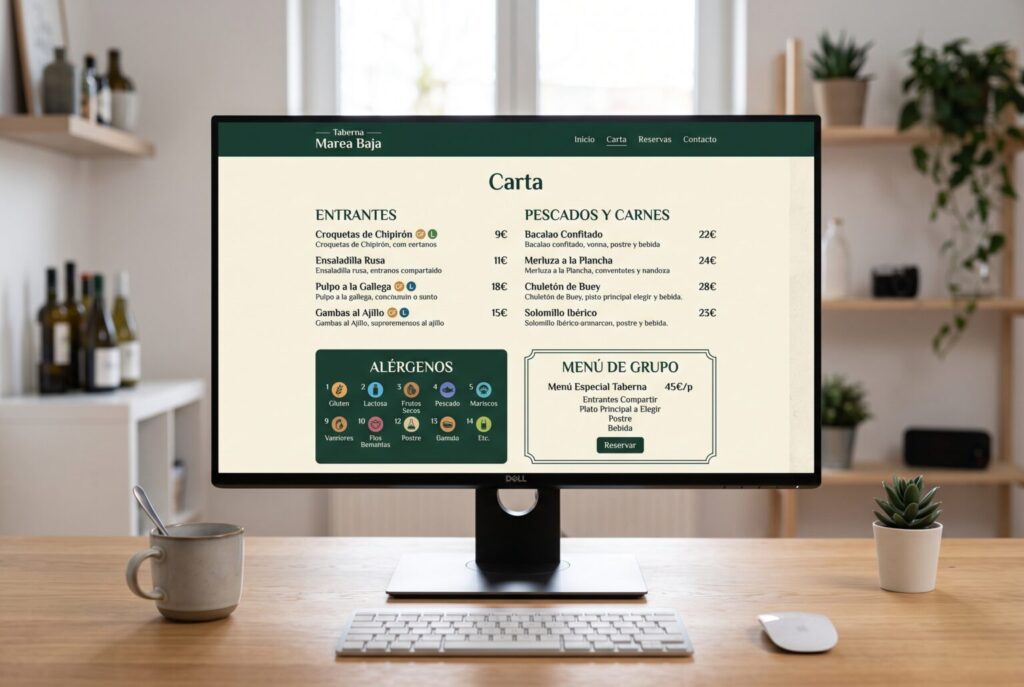 Ejemplo de página interior de una web para restaurantes en un monitor