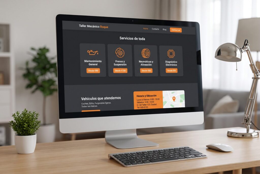 Ejemplo de página interior de una web para talleres mecánicos en un monitor