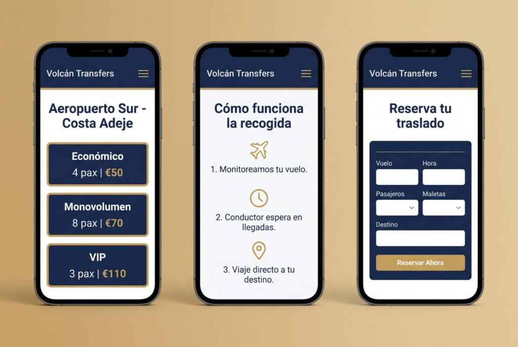 Ejemplo de páginas móviles de una web para traslados privados